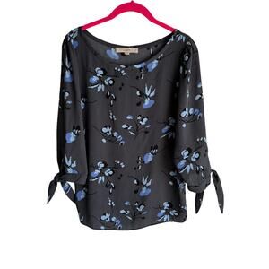 LOFT Dark Gray Blue Florals Ladies  3/4 Yoke Sleeve Career Mixed Media Blouse, S